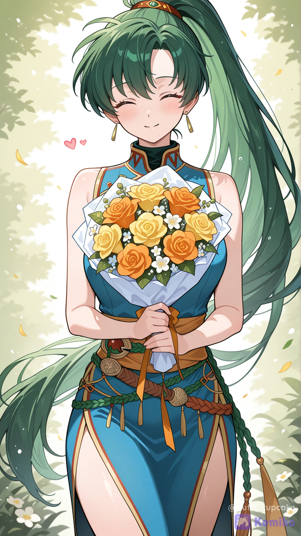 lyn (fire emblem), teal dress, sleeveless dress, holding bouquet, facing viewer, smile