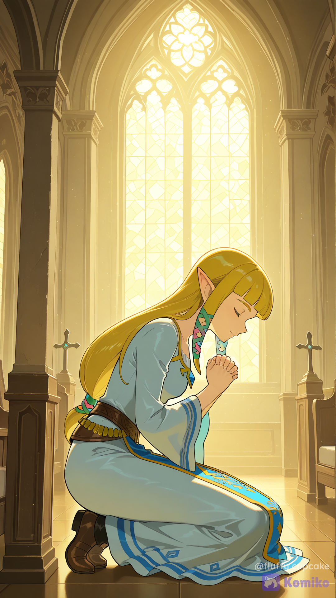 princess zelda, the legend of zelda: skyward sword, official style, church, kneeling, praying, leaning forward, light smile, closed eyes, from side, slight angle