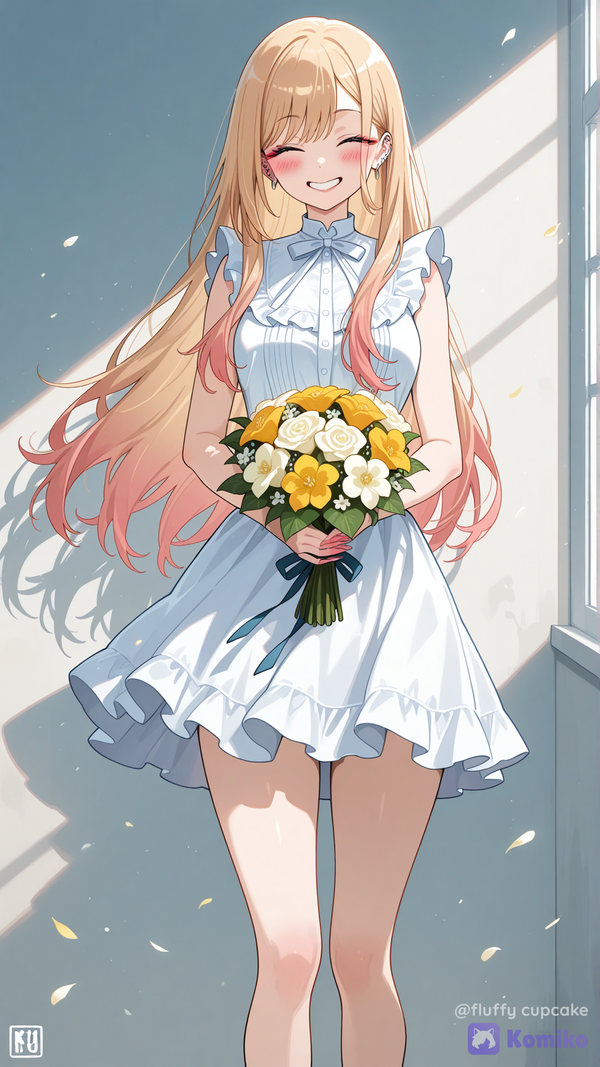 kitagawa marin, sleeveless dress, holding bouquet, facing viewer, smile, legs