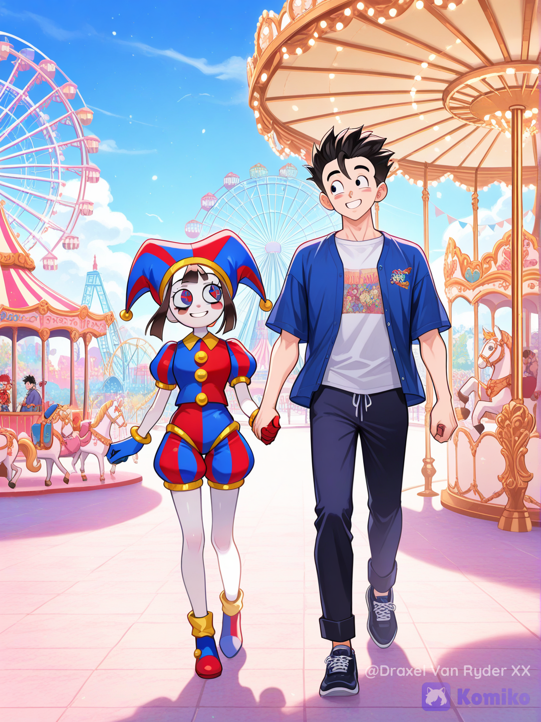 Gohan y Pomni, paseando en el parque de diversiones