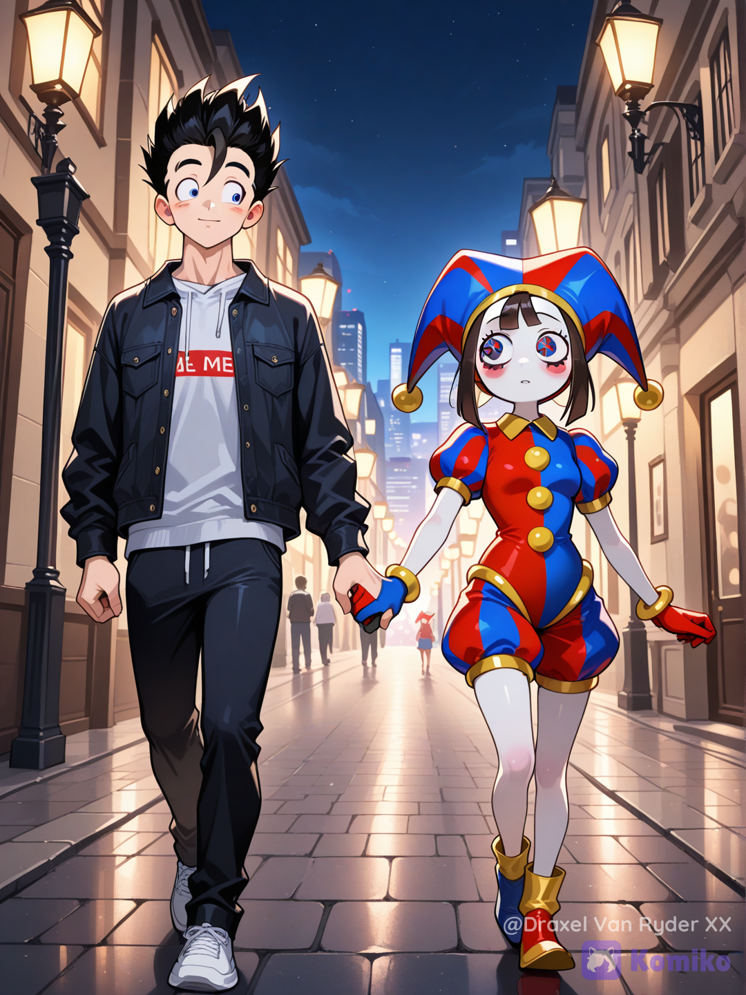 Gohan y Pomni, paseando por la ciudad de noche