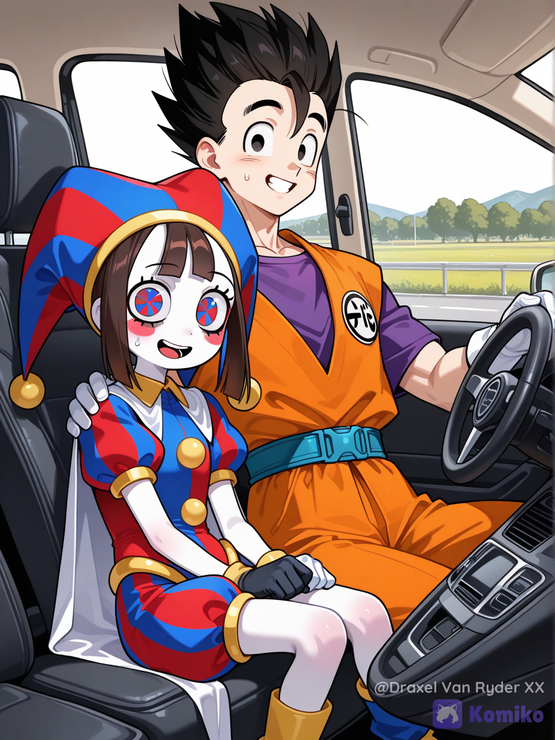 Gohan y Pomni viajan juntos en carretera