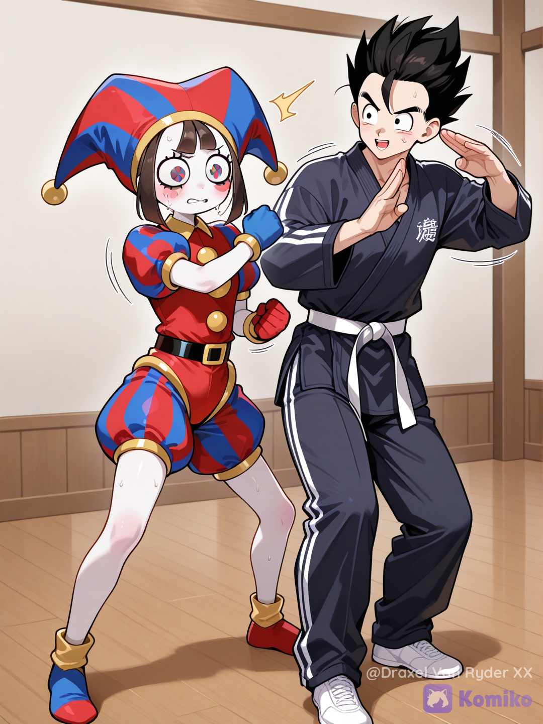 Gohan enseñando a Pomni artes marciales.