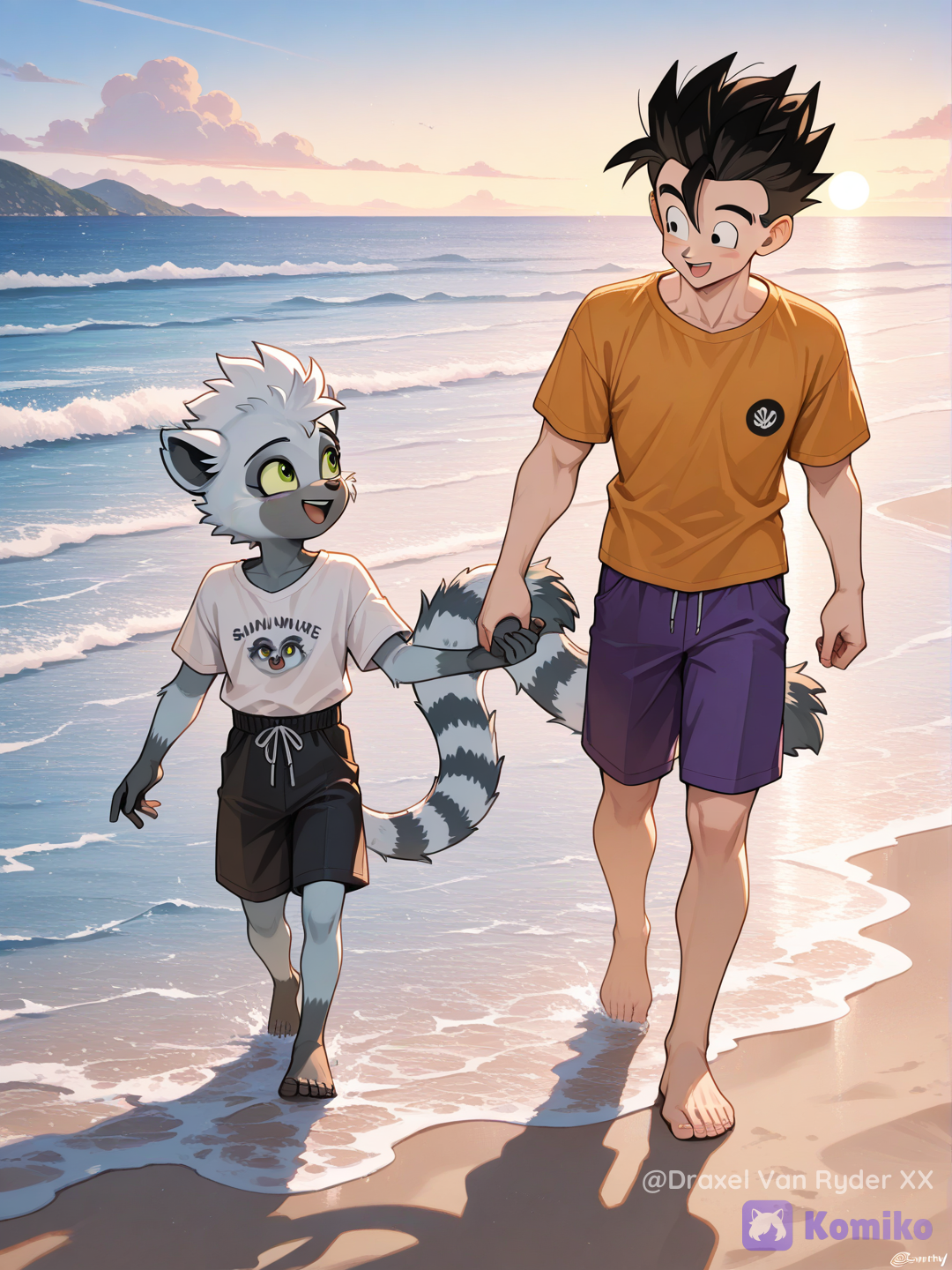 Gohan y Tangle The Lemur paseando por la playa