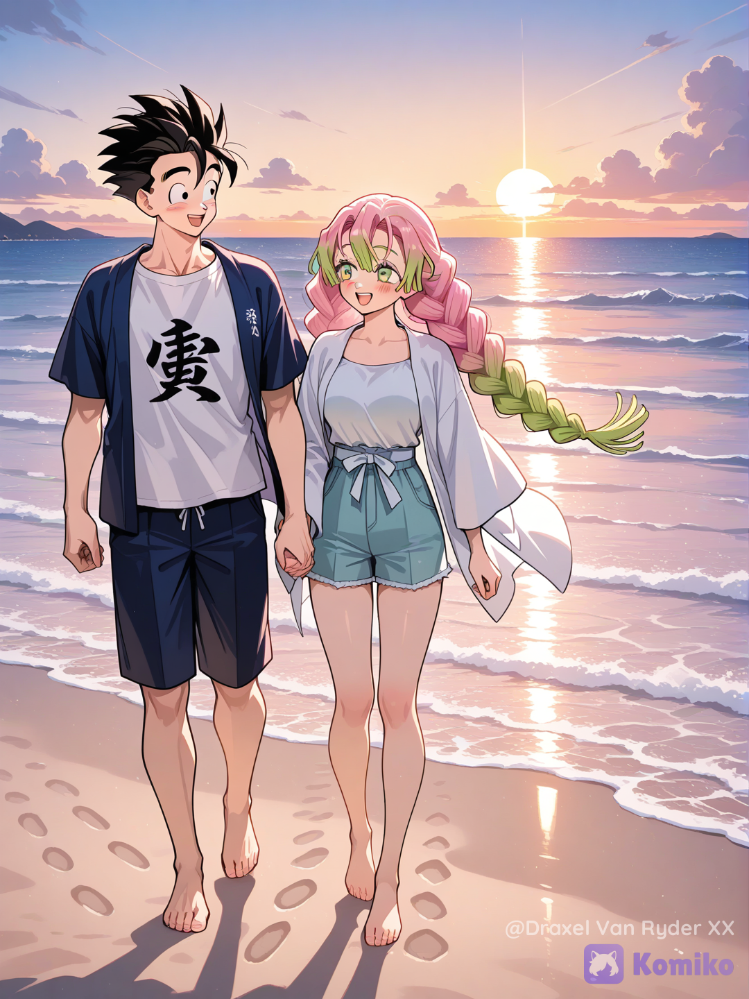 Gohan y Mitsuri Kanroji paseando por la playa
