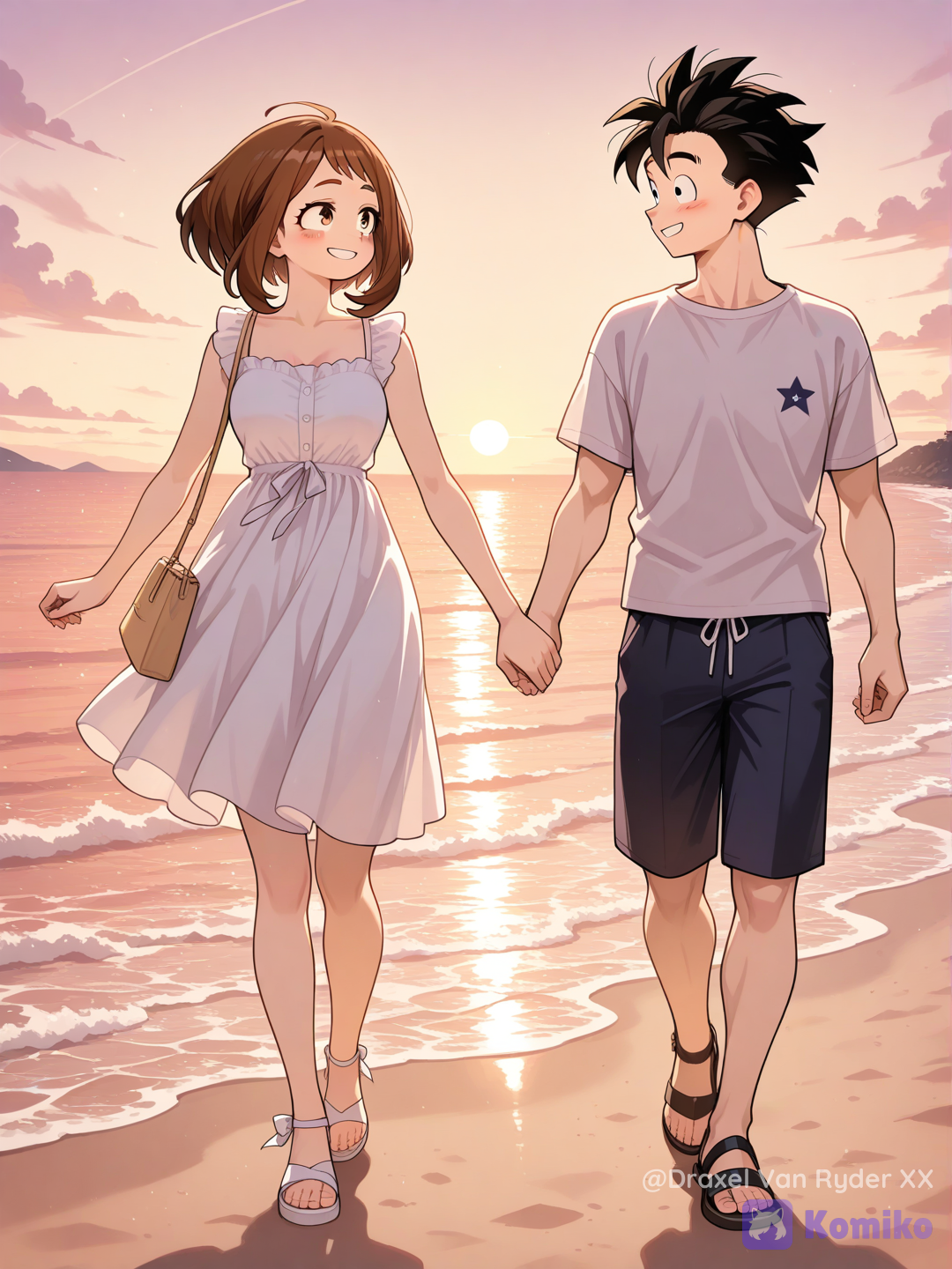 Gohan y Uraraka Ochako, paseando por la playa