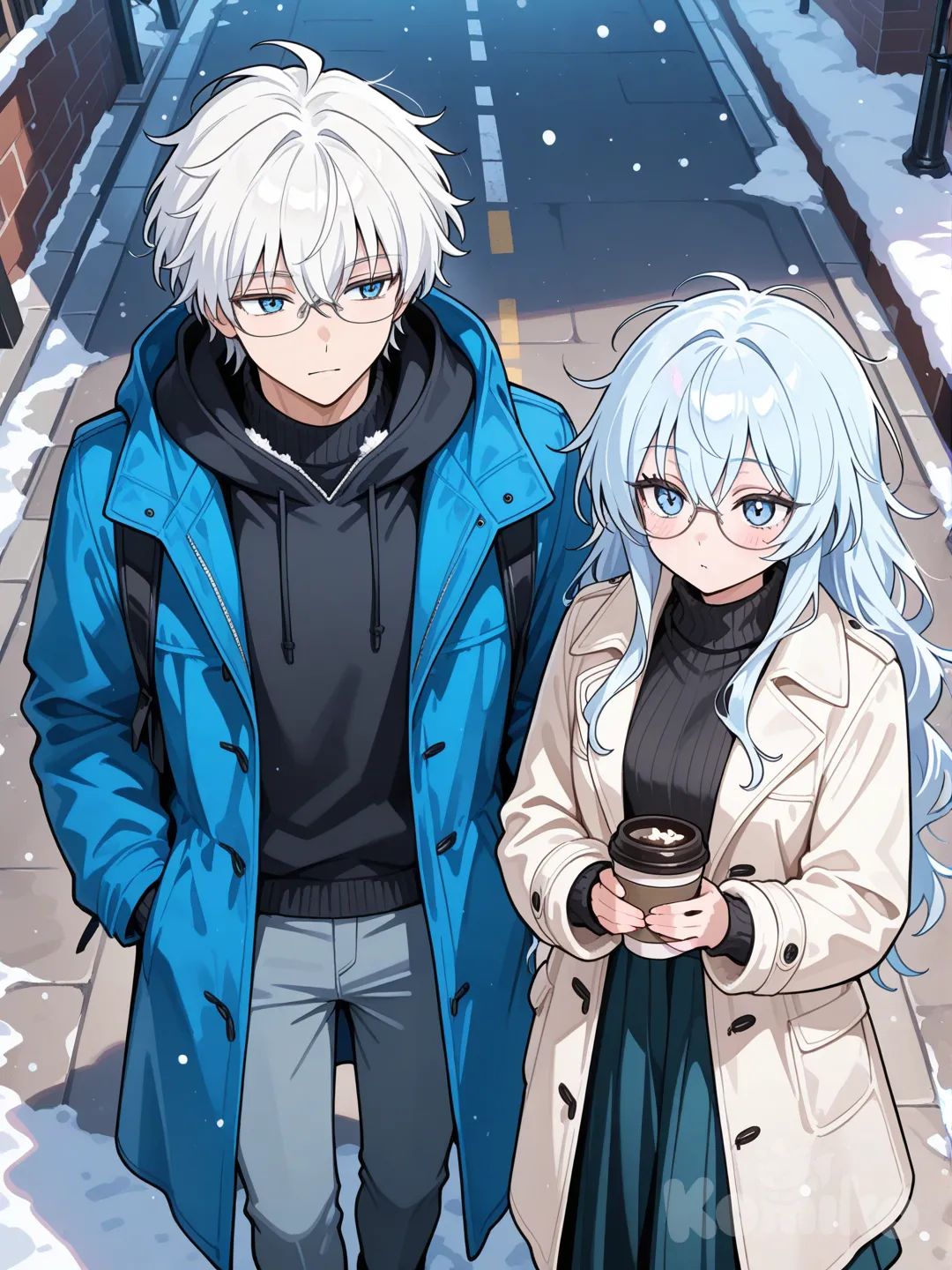 "Top-view angle. A male character with messy white hair and blue eyes, wearing a blue coat, black sweater, and long pants, holding a cup of coffee. Behind him stands a female character with long light-blue hair and light-blue eyes, wearing glasses, a white coat, a black sweater, and a long black skirt. Background: alley street during snowfall."anime