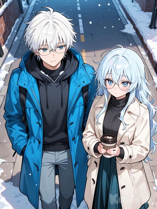 "Top-view angle. A male character with messy white hair and blue eyes, wearing a blue coat, black sweater, and long pants, holding a cup of coffee. Behind him stands a female character with long light-blue hair and light-blue eyes, wearing glasses, a white coat, a black sweater, and a long black skirt. Background: alley street during snowfall."anime