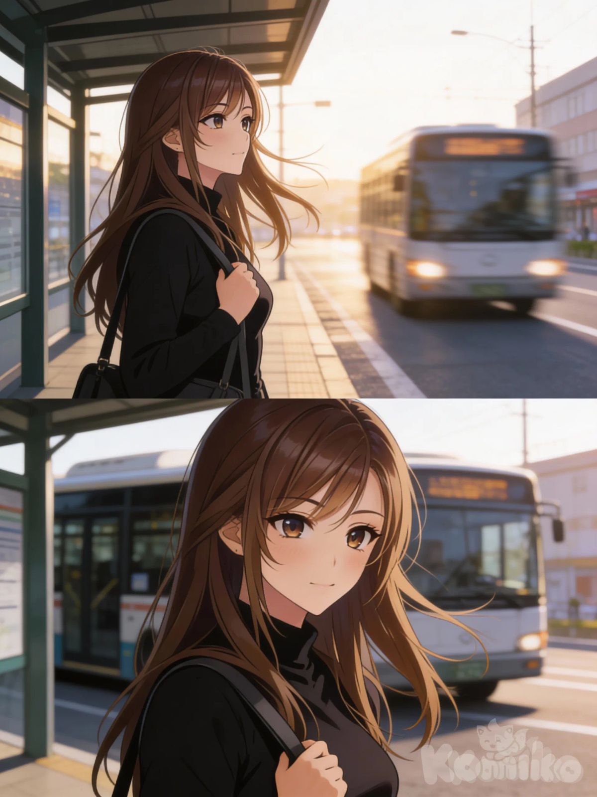 ESCENA 1

EXTERIOR – ESTACIÓN DE BUS – MAÑANA

Komiko, una chica adulta, estudiante universitaria, espera el bus.

Plano: plano medio

Posición: de perfil, ligeramente girada hacia la calle

Postura: relajada, una mano sostiene el tirante de su bolso

Cabello: largo, castaño, moviéndose suavemente por el viento

Expresión: tranquila, pensativa, mirada distante

La estación de bus es urbana, sencilla.
El ambiente es silencioso, cotidiano.

Al fondo, el bus se acerca lentamente, desenfocado.
La luz de la mañana es suave y natural.

ESCENA 2

EXTERIOR – ESTACIÓN DE BUS – CONTINUACIÓN

Komiko sigue esperando.

Plano: plano medio-corto

Cámara: ligeramente más cercana

Mirada: se desvía levemente hacia un lado

Lenguaje corporal: contenido, introspectivo

El viento mueve algunos mechones de su cabello.
El bus ya está detenido o a punto de llegar detrás de ella.

El fondo urbano permanece simple, sin distracciones.
Se siente un momento de pausa, rutina diaria.

Estilo visual:
manga, viñeta tipo panel superpuesto, iluminación suave, alta calidad, natural body, wholesome.