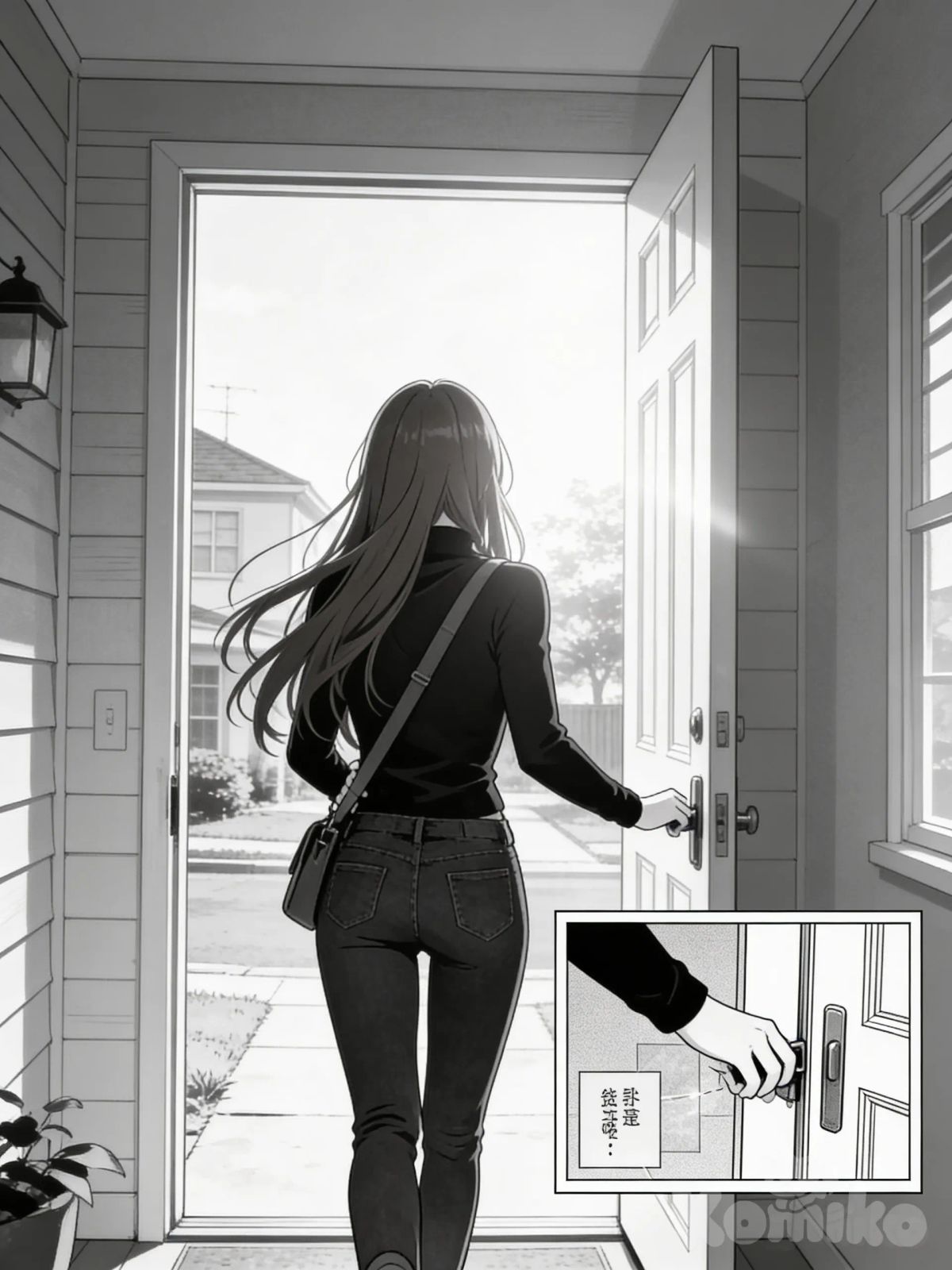 anime manga style, grayscale, monochrome, clean lineart, soft shading, realistic anatomy, slice of life atmosphere, calm morning mood 16:9 wide panel, cinematic composition, MAIN PANEL: young adult woman leaving her house in the morning, back view, walking out through the front door, natural walking posture, long hair flowing slightly, casual outfit, wearing a shoulder bag, crossbody bag, bag strap clearly visible across her torso, bag resting naturally on her hip, door fully open, morning sunlight entering the house, quiet suburban street outside, peaceful daily routine, she is NOT looking at the viewer, natural, unaware expression OVERLAY PANEL (small inset, manga style): close-up of her hand gently closing the front door, door almost shut, soft morning light, sense of transition and closure, calm and intimate moment, panel overlay, small superposed panel, narrative closure, slice of life detail no eye contact with viewer, natural movement, not posing, not staged, everyday realism, @komiko-I7fJ