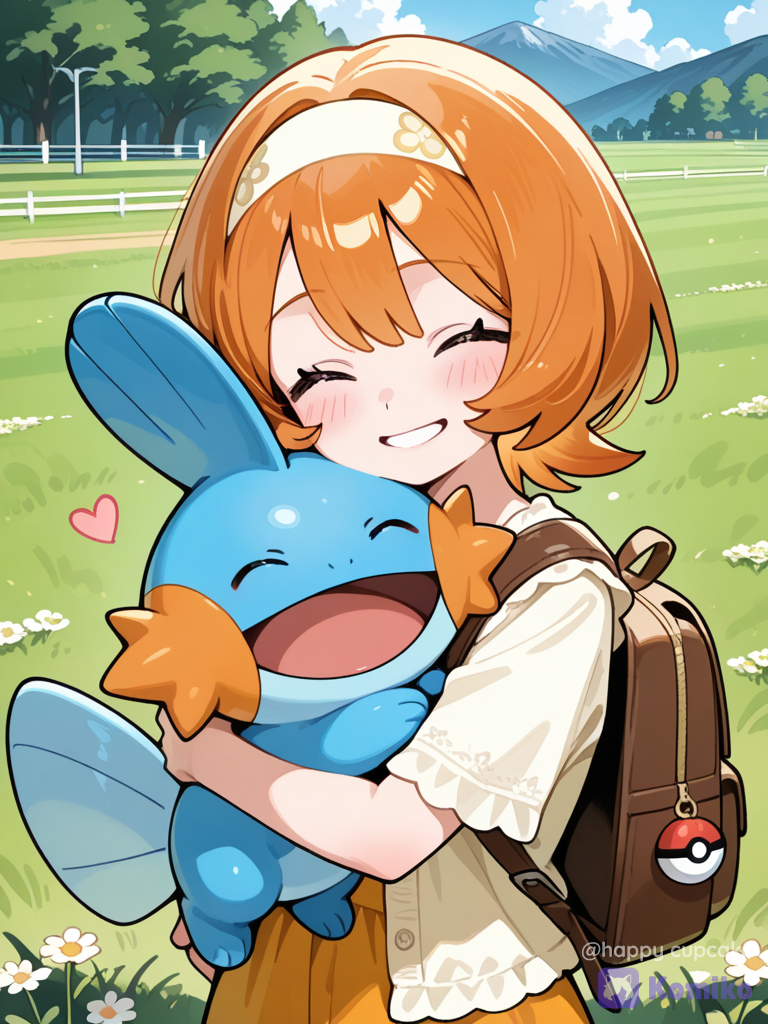 Girl hugging her mudkip