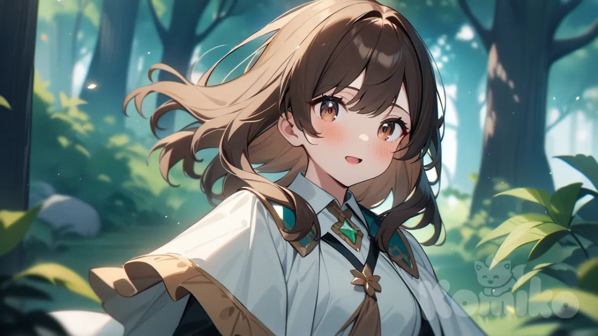 Cute anime magical 30 years old woman with long dark brown hair, dark brown eyes, nature magic