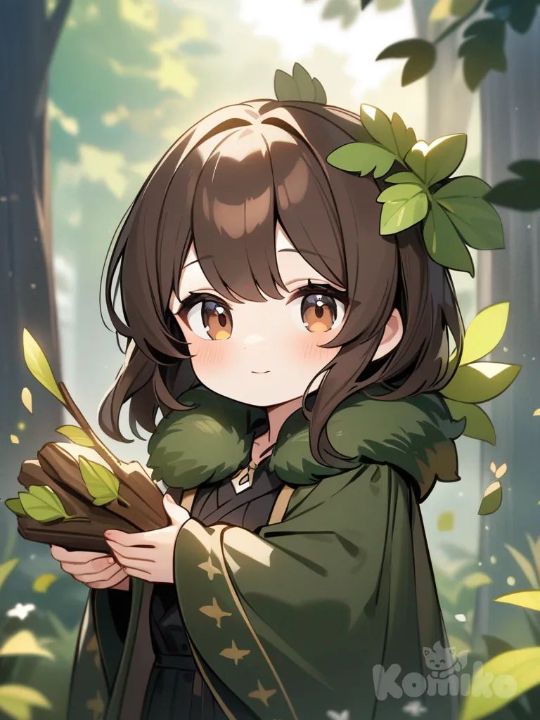 Chibi Cute anime girl with long dark brown hair, dark brown eyes, nature magic