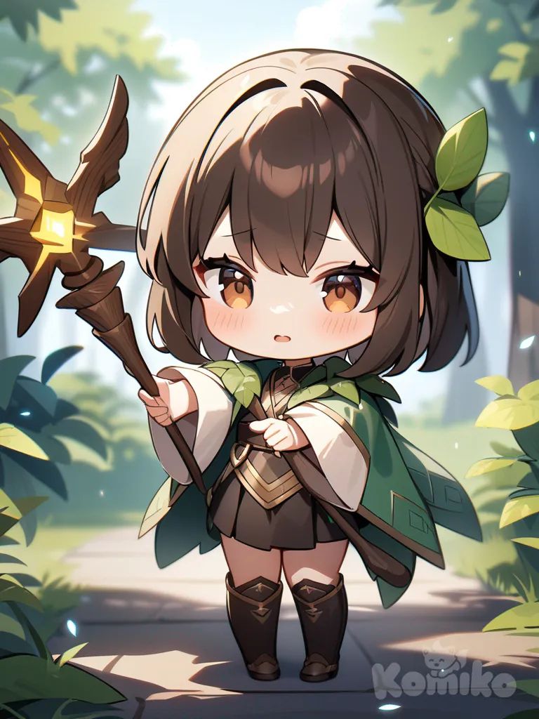 Chibi Cute anime girl with long dark brown hair, dark brown eyes, nature magic, casting, staff