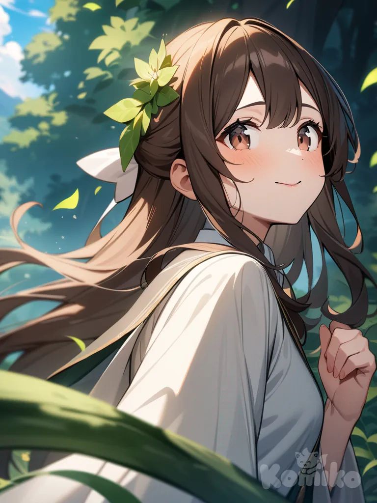 Cute anime magical 30 years old woman with long dark brown hair, dark brown eyes, nature magic