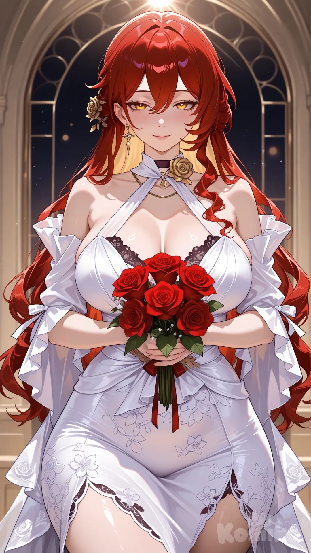 smiling, seductive, voluptuous, plump hips, perfect curves, irresistible desire, 紫色的蕾丝婚纱, patterned ,手捧红色玫瑰， mature female, 采用平视视角，镜头与人物处于同一水平高度，能够让观众与人物之间产生一种平等的视觉交流感，使人物形象更加亲近、真实。采用中心构图，人物位于画面正中央，这种构图方式可以将观众的注意力高度集中在人物身上，突出主体， 杜绝完美对称、超现实细节或过度平滑的皮肤纹理，需模拟真人拍摄的瑕疵（如镜头炫光、焦点不实）。, @Himeko_(Honkai:Star_Rail)