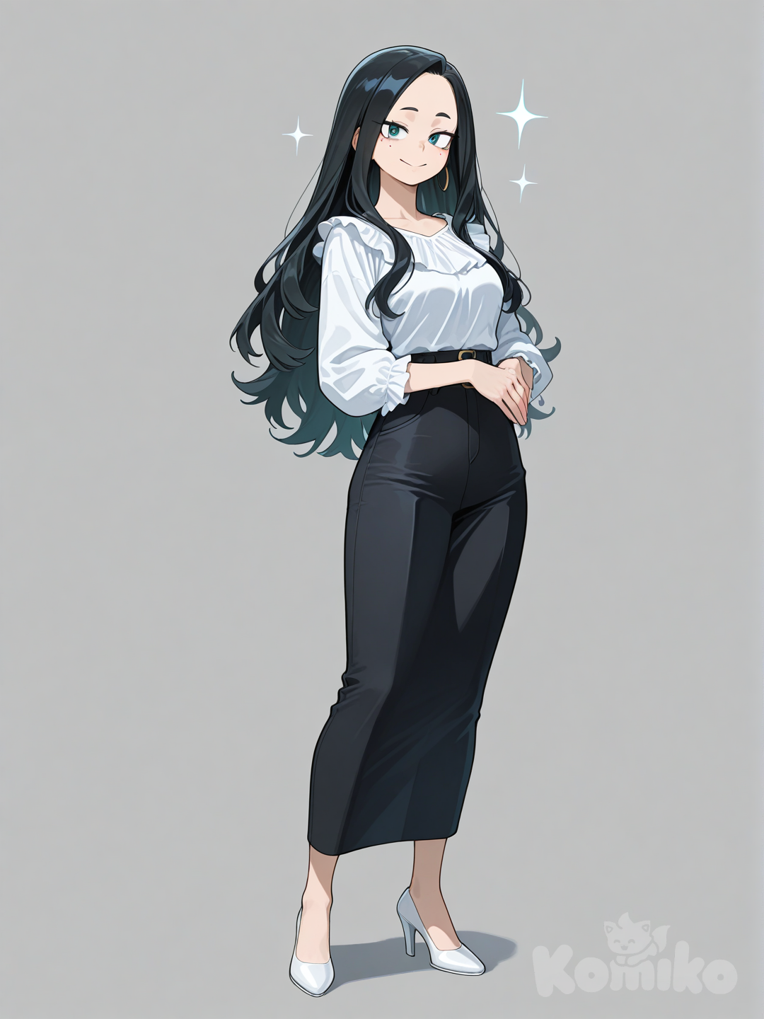 Makoto Tsukauchi my hero academia: vigilante, mujer joven, alta, esbelta, tiene el cabello largo, negro, lacio y ondulado, piel clara, ojos color verde azulado, lunar al lado derecho de sus labios, ojos circulares, blusa blanca, zapatos de tacón blancos, cejas delgadas, actitud alegre, adulto joven de 24 años 