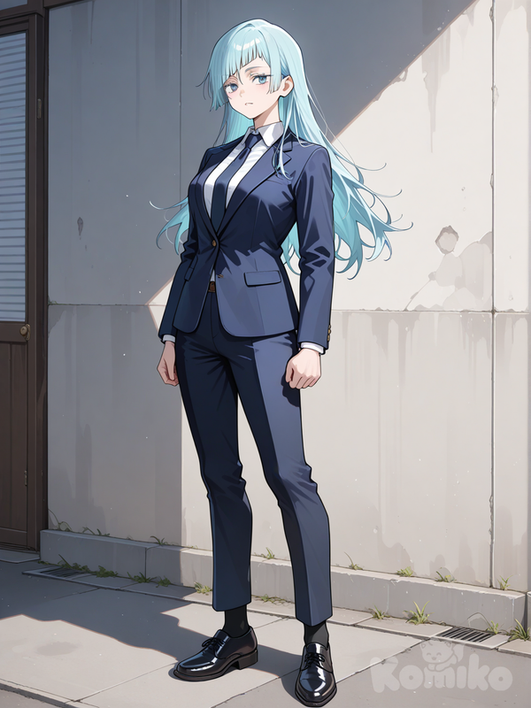 kasumi miwa de jujutsu kaisen, cabello de color claro, que llega hasta la cintura, cabello en su frente está cortado en diagonal y tiene unos mechones en ambos lados de su cara que llegan hasta por debajo de sus ojos, una camisa blanca con corbata,blazer, pantalones, calcetines y zapatos negros