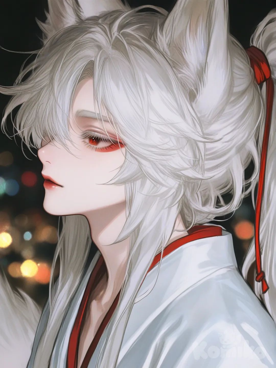 [semi-realistic-portrait-style], looking away, blurred background, side profile photo; 1boy, [[TEEN]], with white hair with a very long ponytail and a fringe totally covering his right eye; ((white eyebrows and eyelashes)), the boy has crimson red eyes; ((red eyeliner)); he has white fluffy snow fox ears, and one white tail. very aesthetic, absurd, manga, niji style, hyper quality.