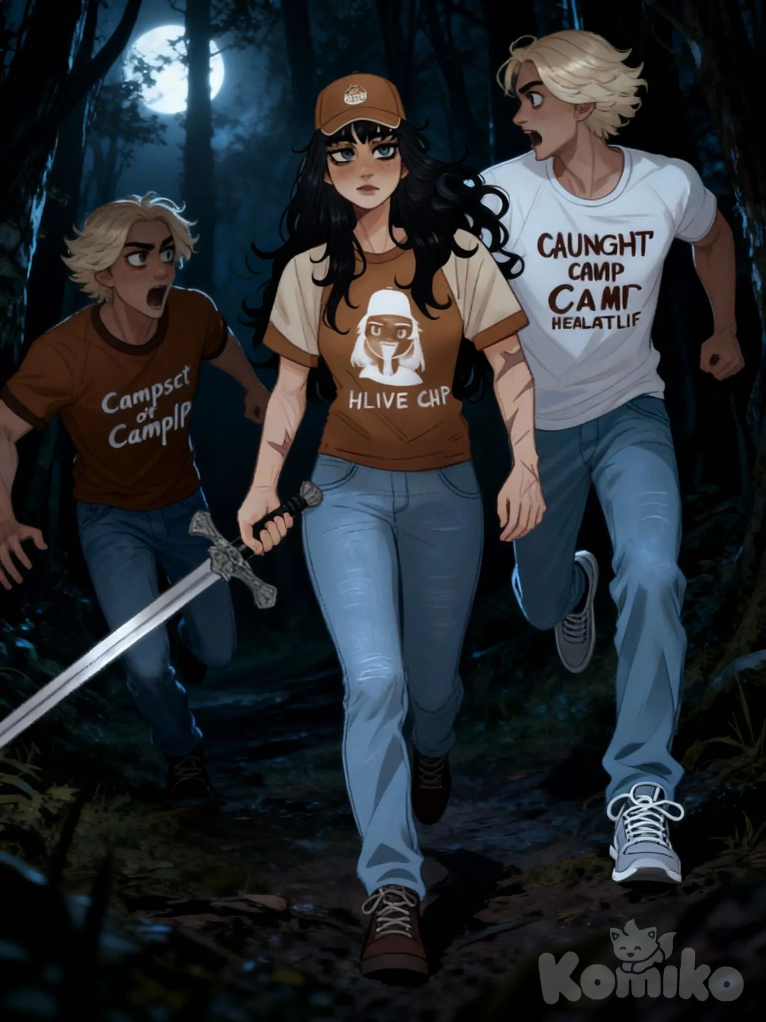 @elara-jackson-OJGc, @damon-jackson-rTtm, @ethan-di-solace-ppWM, Elara scared so the other help, front profile photo, forest