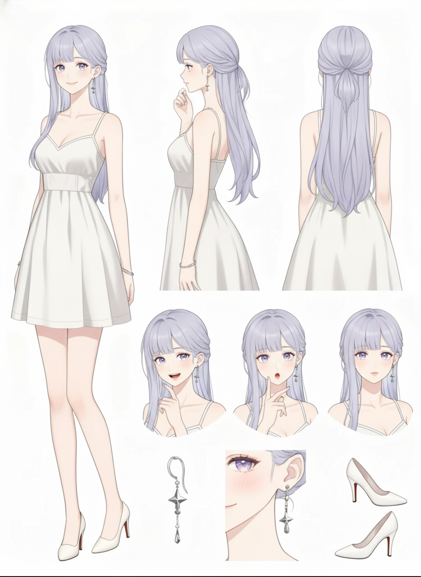 manhwa, Convert the uploaded image into a clean Korean manhwa character sheet. Keep the same face, hairstyle, and proportions. Convierte la imagen subida en una hoja de personaje de manhwa coreano limpia. Mantén el mismo rostro, peinado y proporciones. Draw the character in a soft webtoon style, with fine lines, bright eyes, subtle blush, and soft shading. The outfit should be casual (Summer dress with straps that reaches above the ankles) and heels, minimalist accessories and a white background. It includes a full-body pose, a close-up portrait, and small aesthetic elements around the character (bag, notebook, nail polish, keychain, pen, wireless headphones). Maintain a palette of soft grays with light pastels, a high level of detail, and a polished manhwa aesthetic.