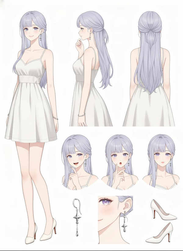 manhwa, Convert the uploaded image into a clean Korean manhwa character sheet. Keep the same face, hairstyle, and proportions. Convierte la imagen subida en una hoja de personaje de manhwa coreano limpia. Mantén el mismo rostro, peinado y proporciones. Draw the character in a soft webtoon style, with fine lines, bright eyes, subtle blush, and soft shading. The outfit should be casual (Summer dress with straps that reaches above the ankles) and heels, minimalist accessories and a white background. It includes a full-body pose, a close-up portrait, and small aesthetic elements around the character (bag, notebook, nail polish, keychain, pen, wireless headphones). Maintain a palette of soft grays with light pastels, a high level of detail, and a polished manhwa aesthetic.