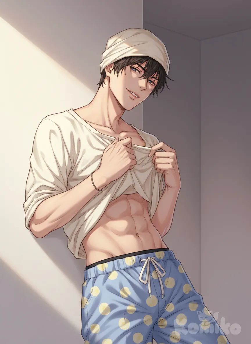 man, provocative pose, sultry expression, soft colors, dramatic lighting, sensual art, ultra-
