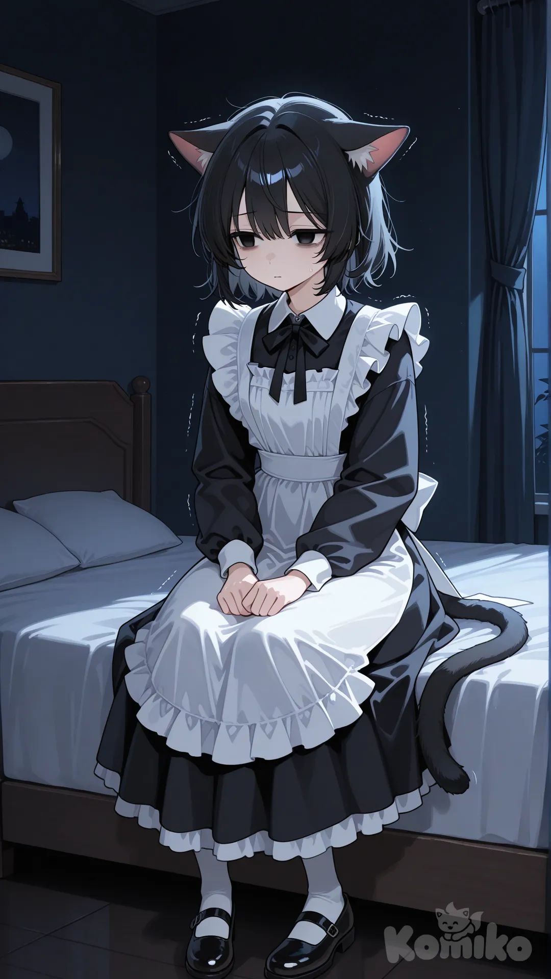 1girl, Hair down to her neck, with black eyes, Cat girl, black cat ears, black cat tail, maid outfit girl body, sad and droopy look, empty eyes 

Sitting on the boder of a black bed shaking a little 

, full body, looking away, night