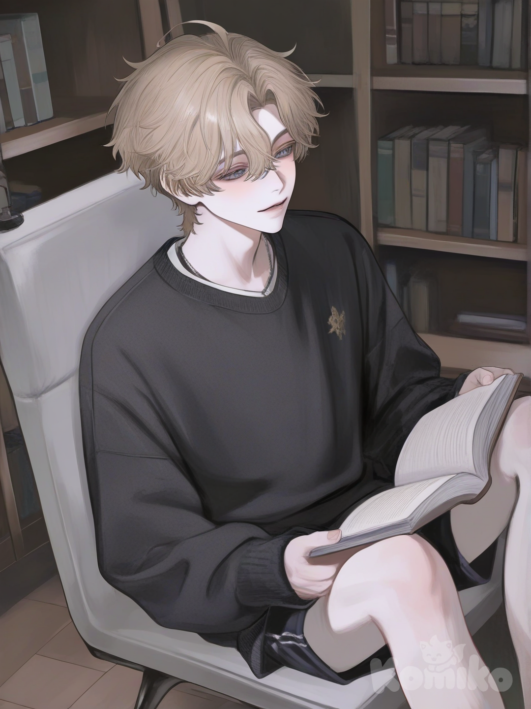 Boy reading at school library 