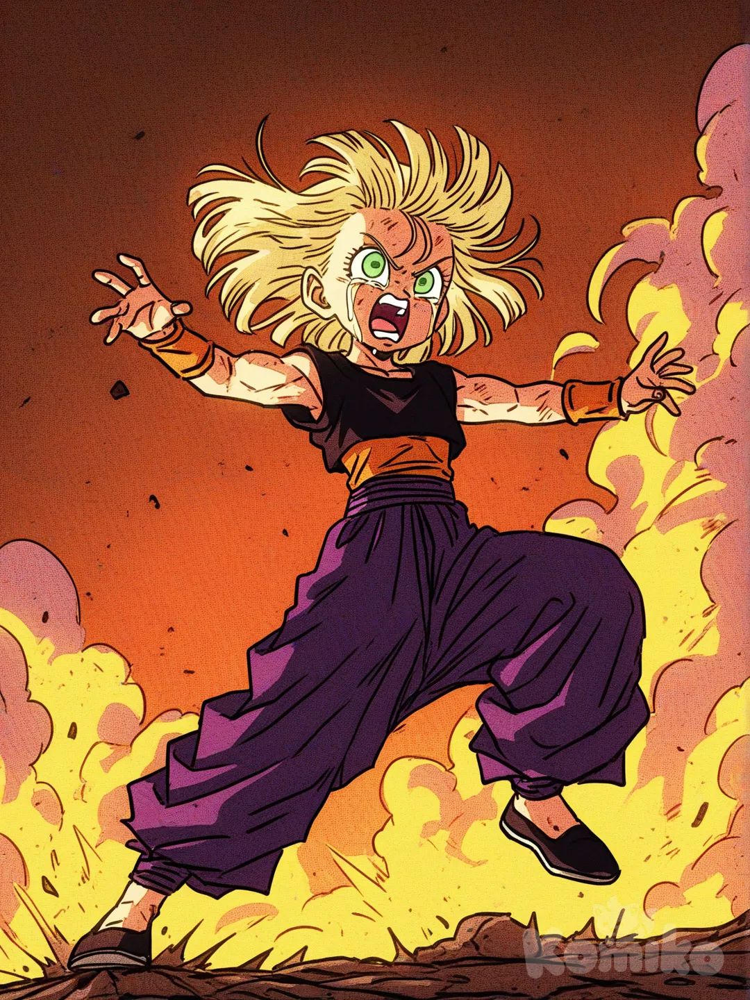 Minha oc para dragonball GT , Gorin menina 11 anos cabelo preto liso curto usa , uma camisa gi laranja escuro , uma calsa gi roxa roxo , e possui calda de Sayajin corpo forte sapato preto, guerreira guerreira, se transformou em super Sayajin cabelos dourados espetados olhos verdes lembrando que ela é uma criança seus olhos cheios de lágrimas quanto sua aura dourada agitada intensamente ela grita ,o chão tremer levantando muita fumaça do chão, [action-manga-style]
