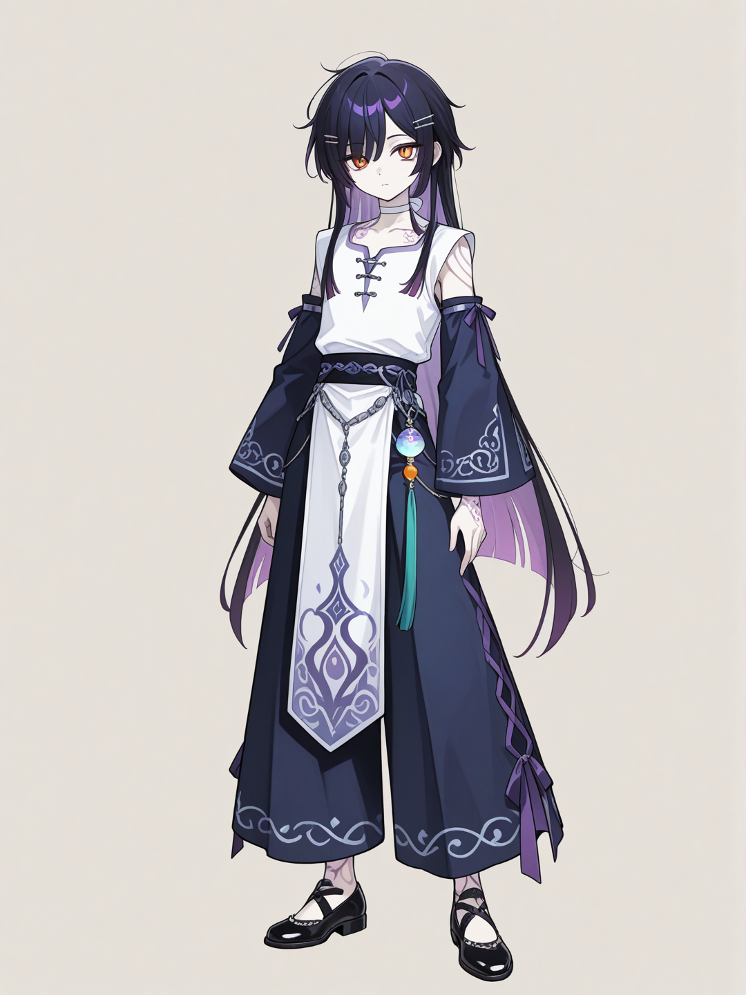 1boy, anime coloring, androgynous, teenager, slim, petite, porcelain skin, very long hair, straight hair, purple tinted black hair, hair pins, bright orange eyes, long white tunic shirt with detached dark blue sleeves, dark blue palazzo pants, black dancer flats, white ribbon choker