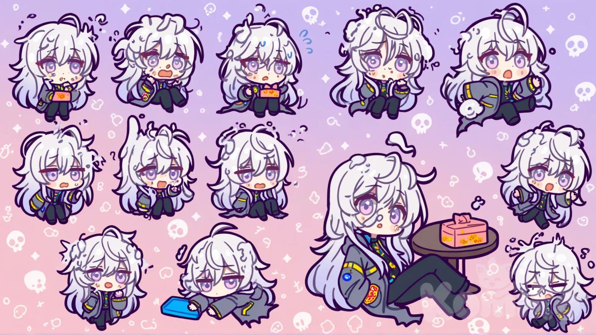 “Chibi-style Sael, white hair and light purple eyes, sitting at a table with a bento box. The food in the box has transformed into a cute but scary monster, jumping out at him. Sael looks shocked and horrified, with a floating cartoon skull above his head. Big head, small body, exaggerated cute proportions. Dark long coat and pants slightly messy. Background: simple, colorful, cartoonish, meme-like vibe. Style: kawaii anime chibi, humorous, exaggerated expressions, funny and expressive.”, [glossy-chibi-style]