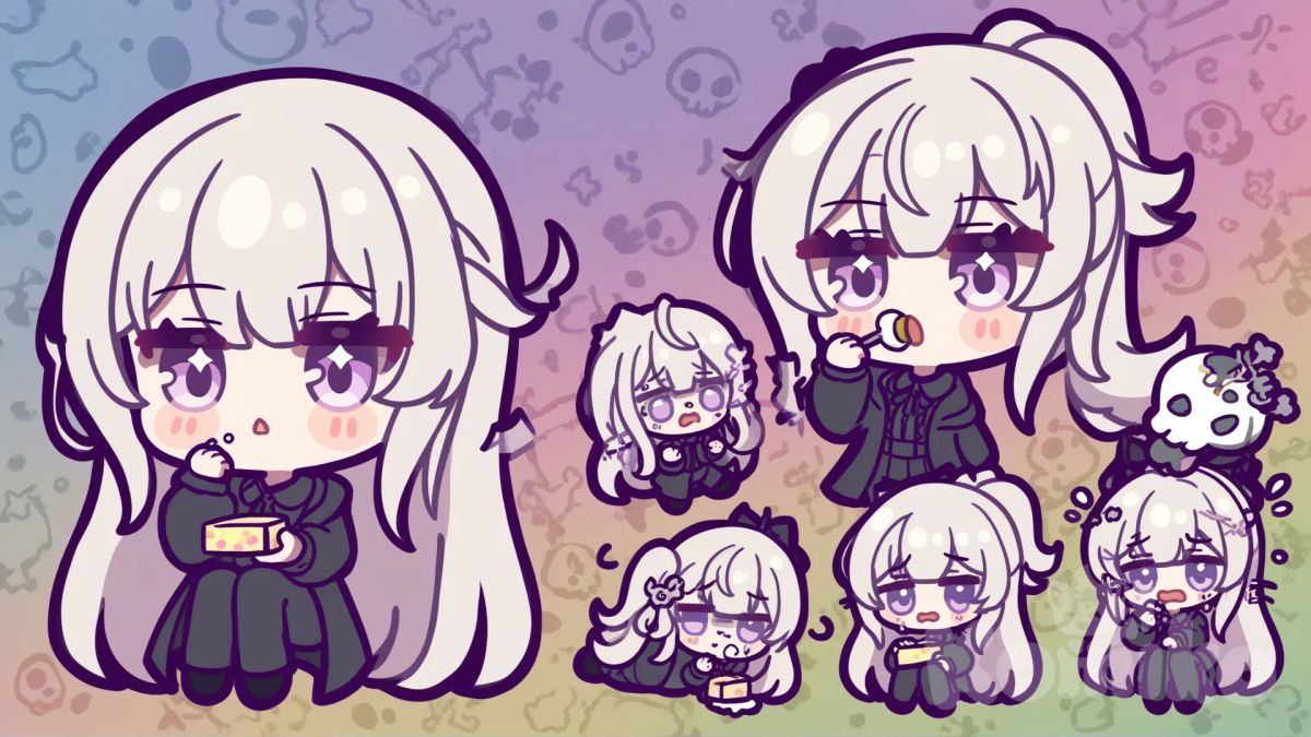 Chibi-style Sael, white hair and light purple eyes, sitting at a table eating from a bento box. He looks shocked and horrified, with a floating cartoon skull above his head to emphasize his reaction. Big head, small body, exaggerated cute proportions. Dark long coat and pants slightly messy. Background: simple, cartoonish, colorful, meme-like vibe. Style: kawaii anime chibi, humorous, exaggerated expressions, funny and expressive.”
, [glossy-chibi-style]