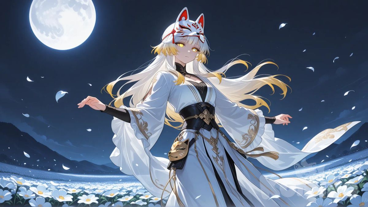 A white-haired woman with golden tips at the ends of her hair and glowing golden eyes is gracefully dancing among blooming flowers under the moonlight. She wears an elegant fantasy-style outfit that flows softly with her movements. Her expression is completely emotionless, calm and distant. At her waist, a fox mask is hanging as an accessory, swaying gently with each step. Silver moonlight illuminates the petals around her, creating a mysterious and quiet atmosphere. Anime style, soft yet dramatic lighting, mystical fantasy mood, highly ., expressionless