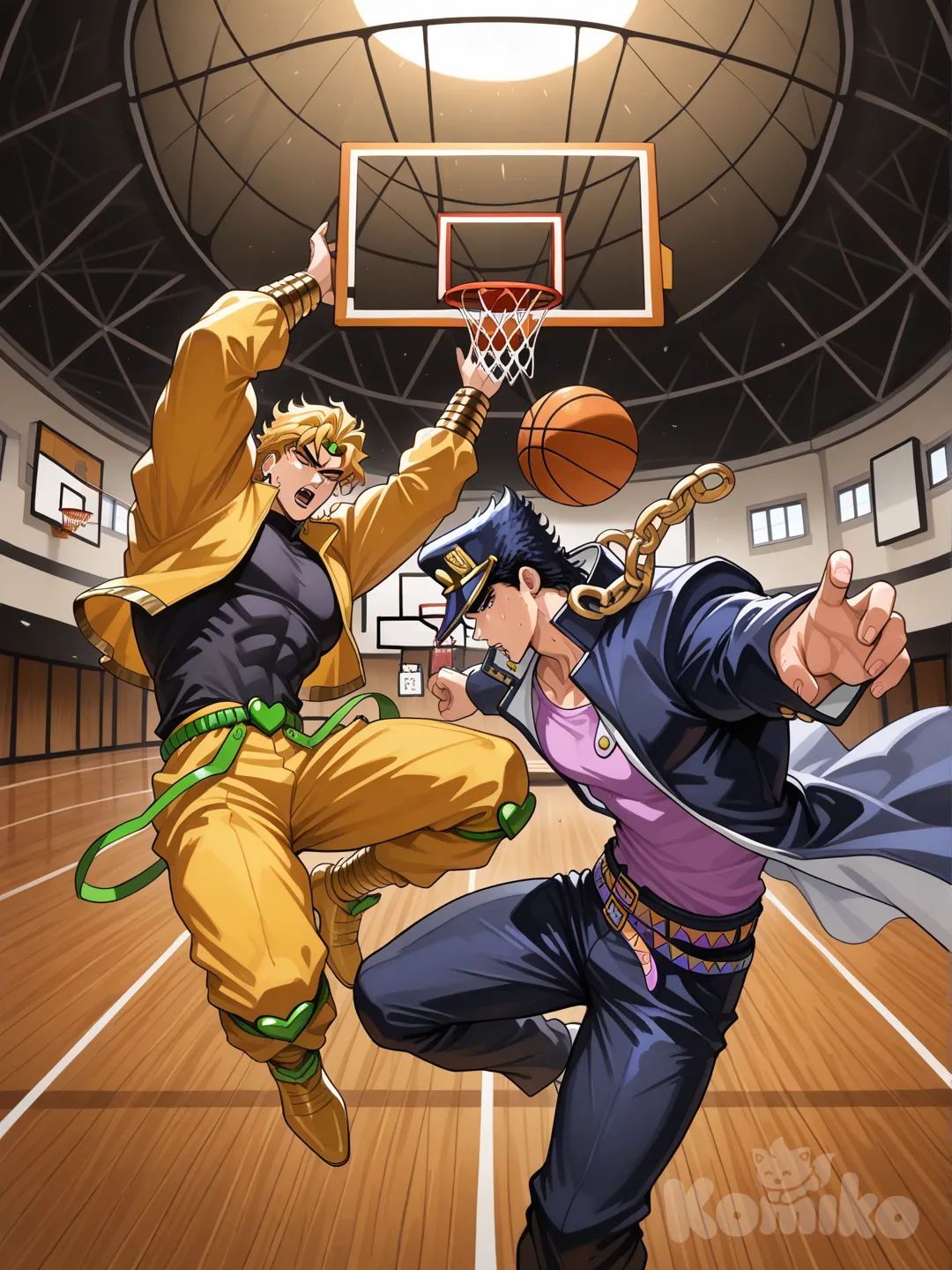 Dio get blocked mid-dunk by Kujo