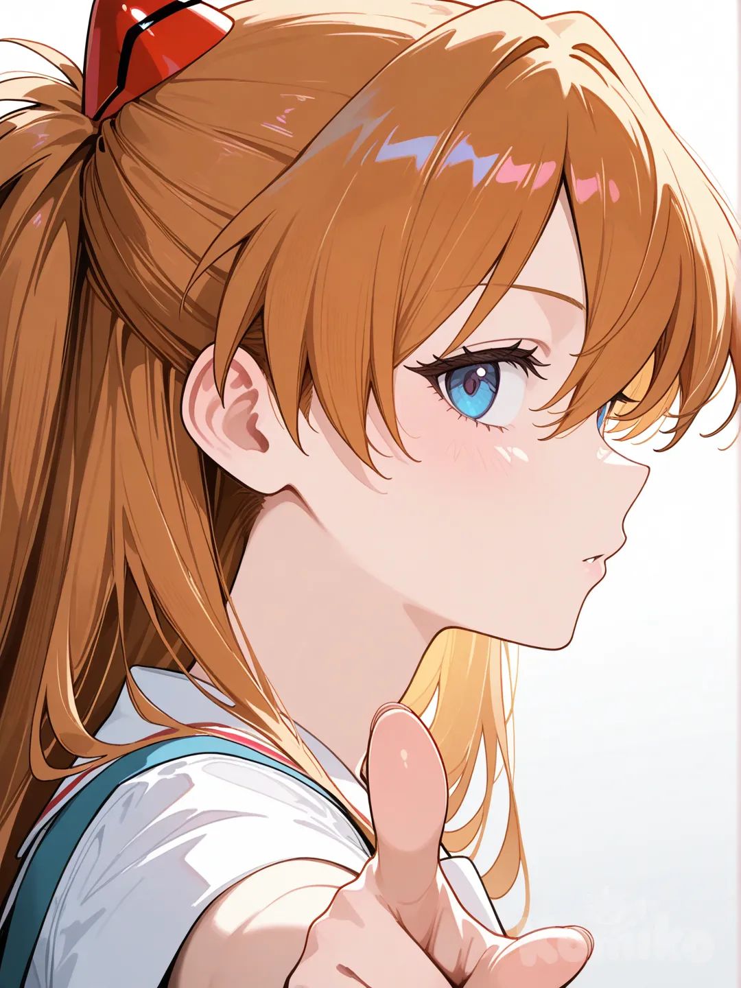 @Souryuu_Asuka_Langley, pointing at viewer, side profile photo