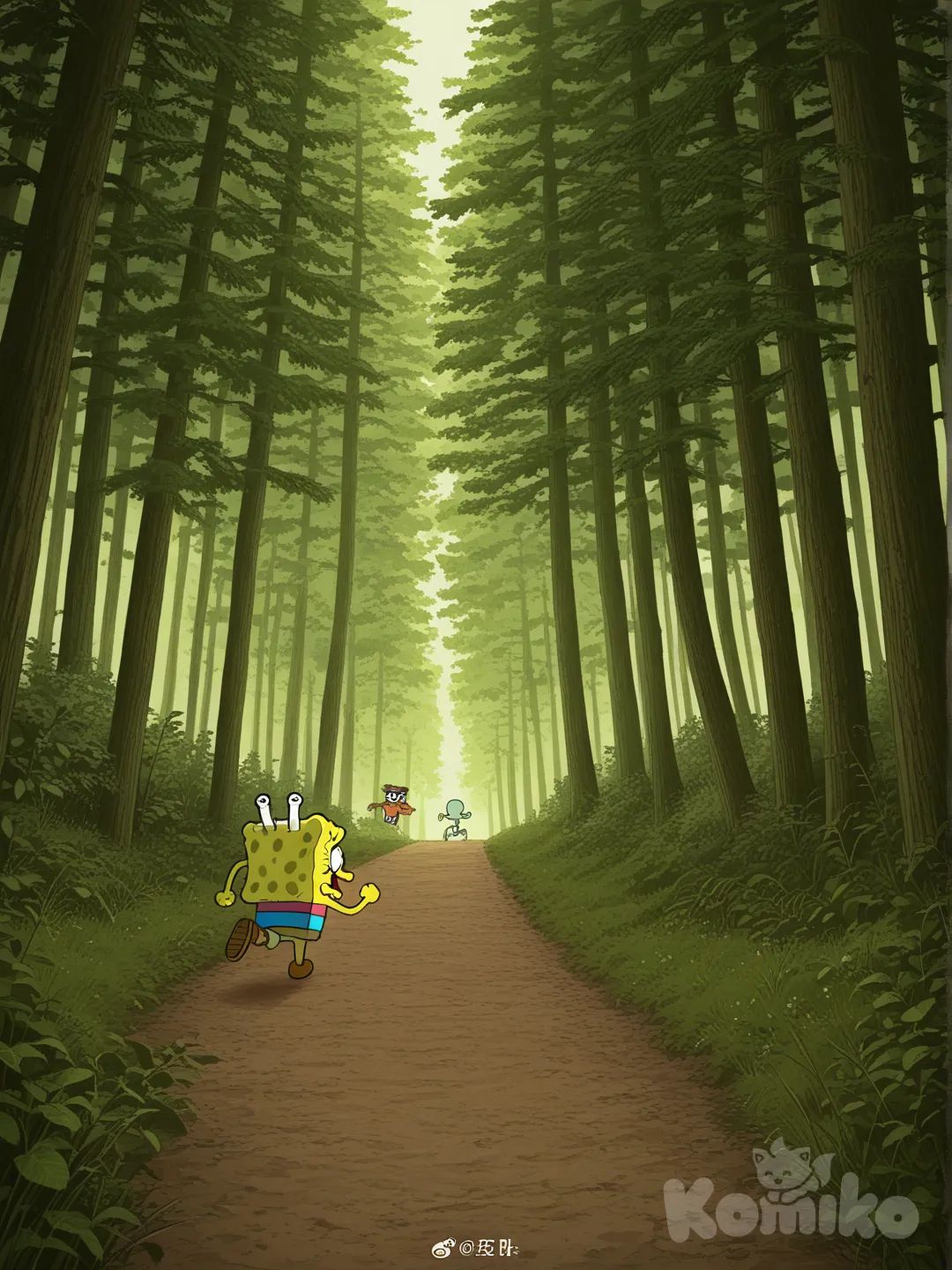 @Spongebob_Squarepants, @Squidward_Tentacles, running from a T-Rex in the forest.