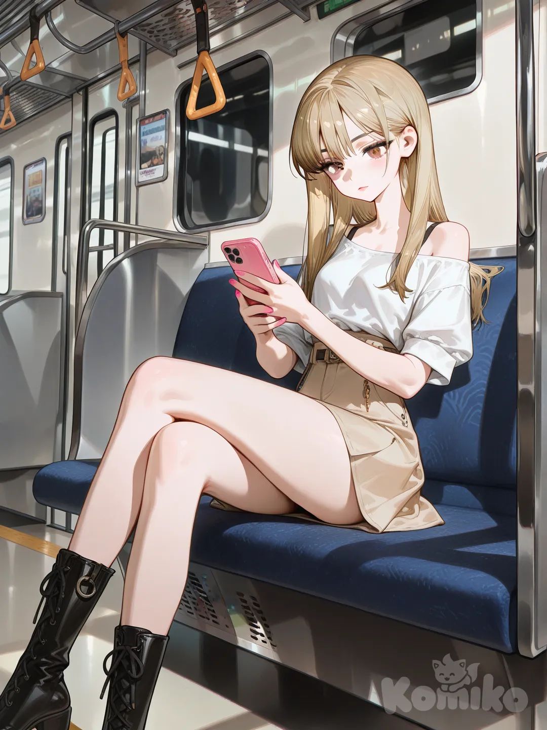 Skinny, Subway, crossed legs, looking at phone, @minchae-JRQK, [high-gloss-illustration-style]