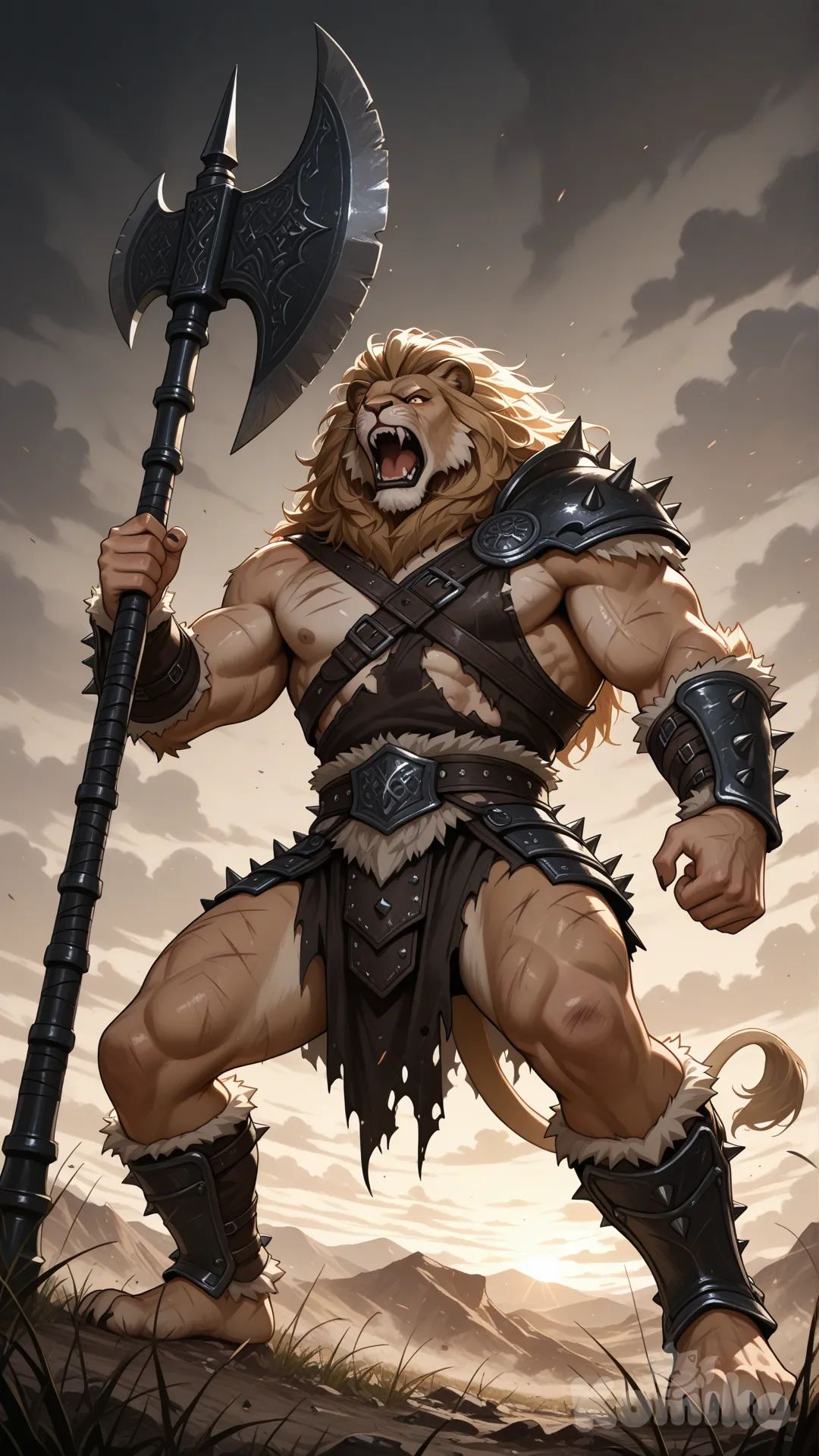A hyper-realistic fantasy warrior creature with a lion’s head and mane, roaring aggressively, human muscular body, extremely anatomy with visible veins and scars. The character is standing in a powerful warrior pose, holding a large double-bladed battle axe in the right hand. Thick flowing lion mane moving with the wind, intense angry eyes, sharp teeth visible. Wears ancient barbarian-style armor, leather straps, metal waist guard, rugged bracers, torn cloth around the waist and legs. Skin texture rough, dusty, battle-worn.

Environment: dark cloudy sky, cinematic storm atmosphere, dramatic lighting, dust and smoke particles rising from the ground, dry rocky battlefield terrain with sparse grass. Low-angle shot to emphasize power and dominance.
Lighting: cinematic moody lighting, strong rim light on mane and shoulders, soft shadows, high contrast.
Style: ultra-realistic, epic fantasy, dark mythological warrior, AAA game cinematic, 8K detail, photoreal textures.
Camera: low angle, medium full body shot, shallow depth of field, sharp focus on character.
Quality: ultra-high resolution, realistic fur detail, sharp metal texture, dynamic pose.

Negative Prompt: cartoon, anime, low quality, blurry, extra limbs, deformed face, bad anatomy, flat lighting, low detail, oversaturated colors.