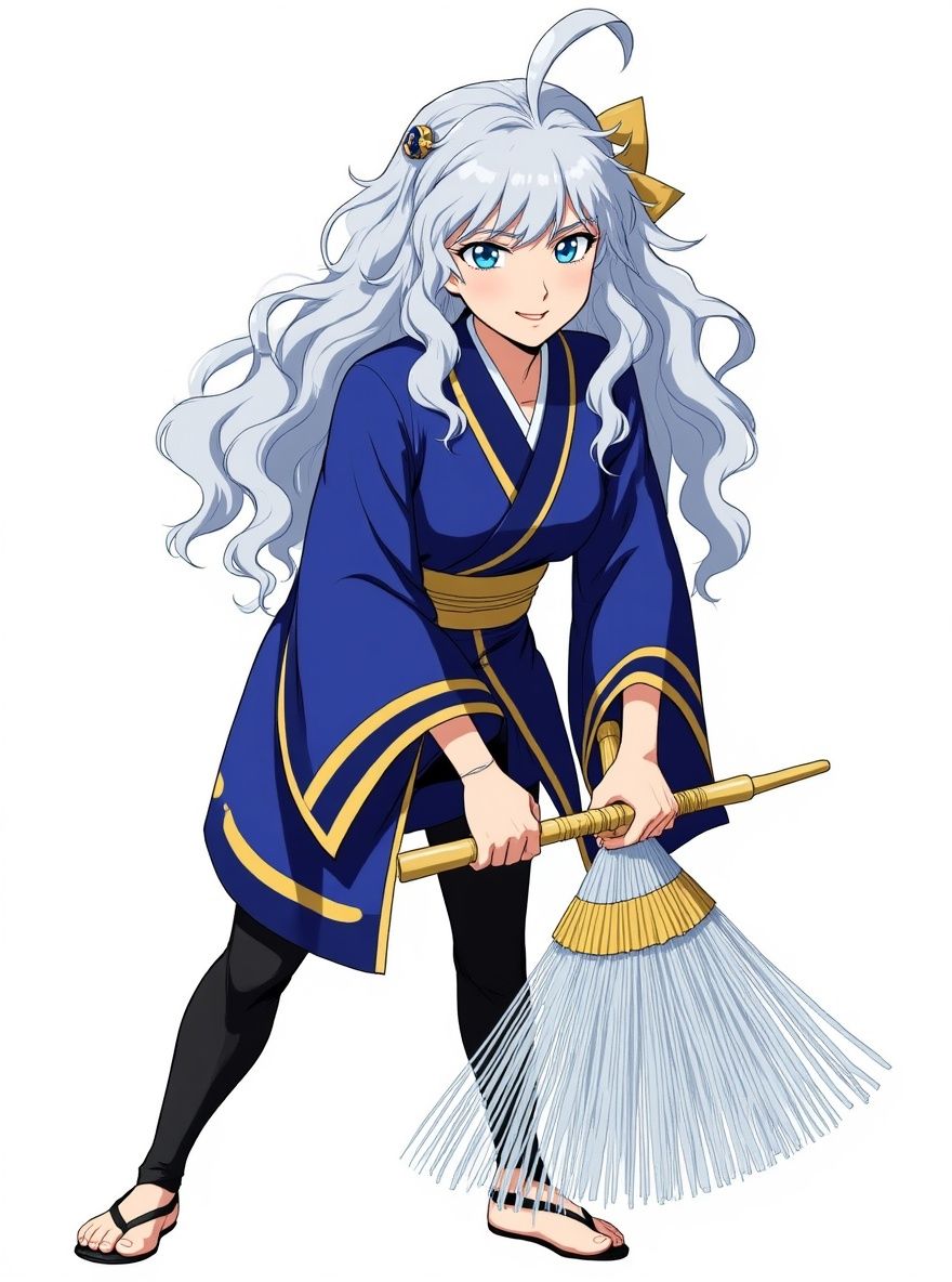 1girl, black Australian woman, Japanese shrine maiden attire, sweeping the floor at a shrine, tall and slender, flowing silver hair, piercing blue eyes, elegant attire, gentle smile, slender fingers, ethereal aura, intricate jewelry, smooth porcelain skin, single character, full body, looking at viewer, anime style, simple background, white background
