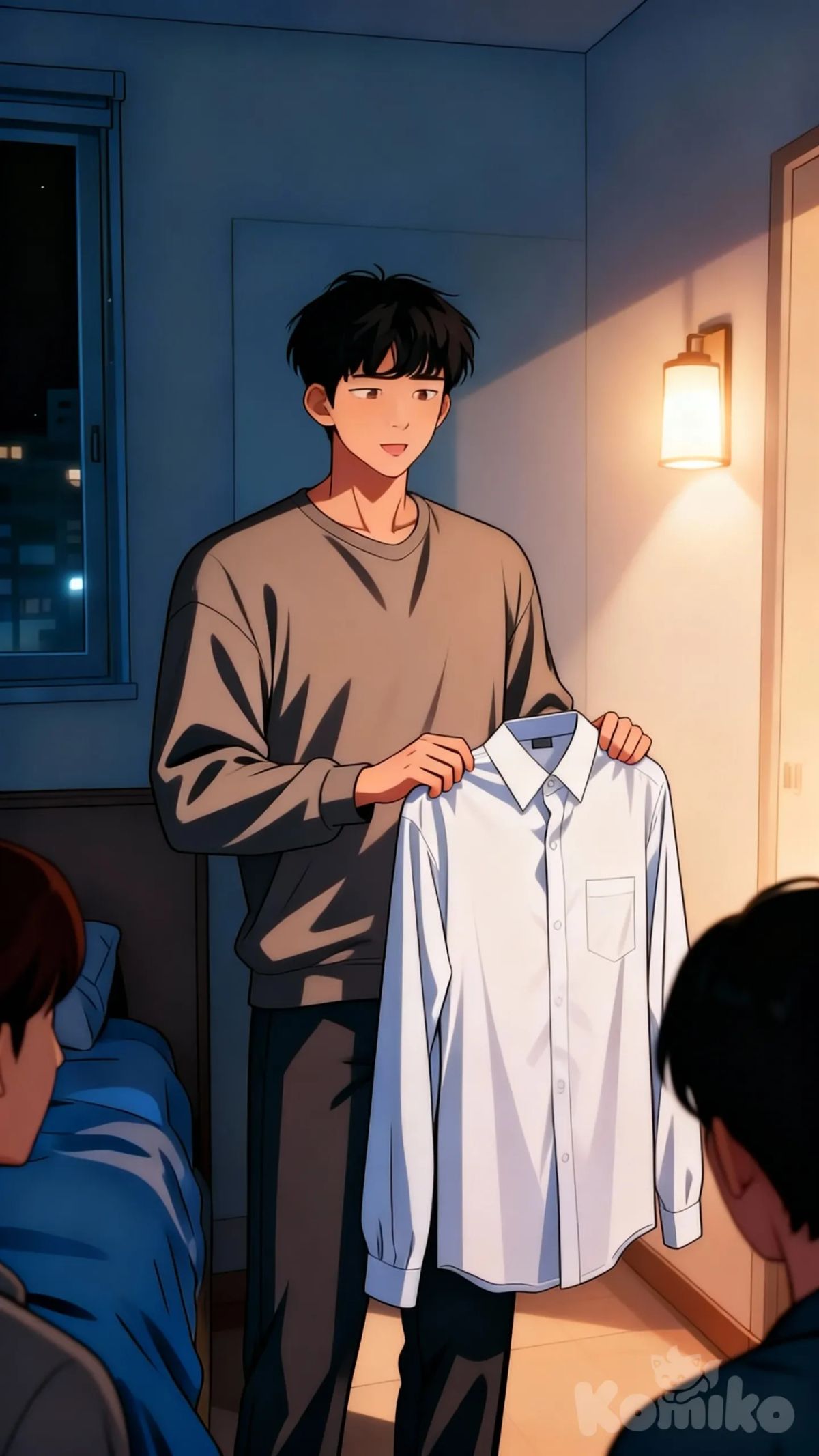 Korean manhwa panel, same group setting, young man now wearing slightly better fitted outfit, posture a bit straighter, people around him listening quietly, no praise, no smiles, subtle shift only, full color