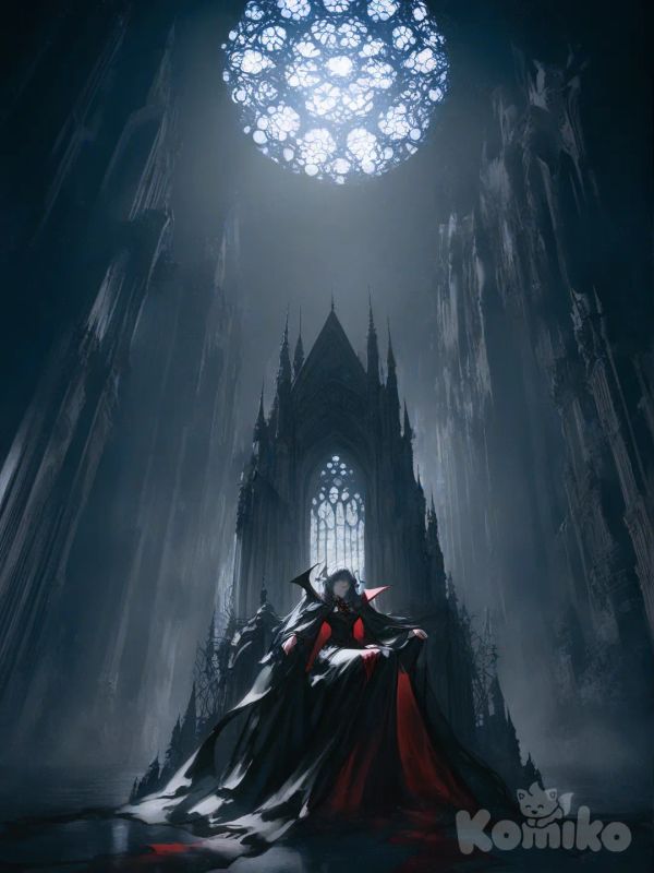 [moody-glow-style]siting on vampire thron, evil clothes, wide shot