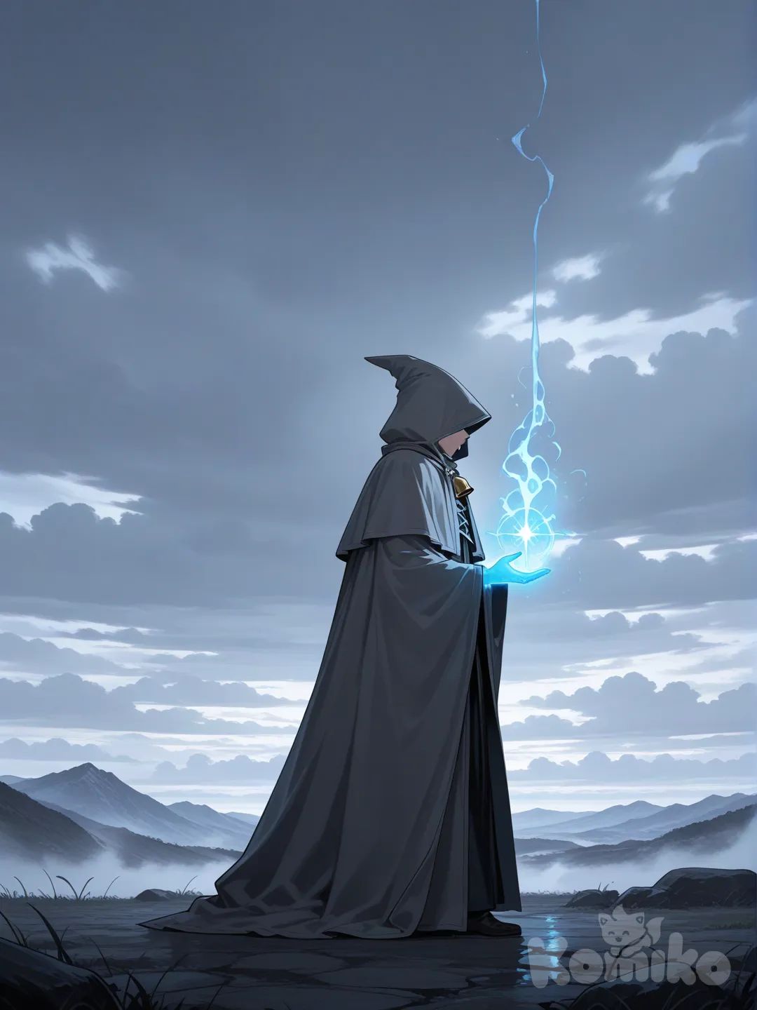 Misty morning, clouds in the sky
Without warning, the wizard walks by
Casting his shadow, weaving his spell
Long grey cloak, tinkling bell