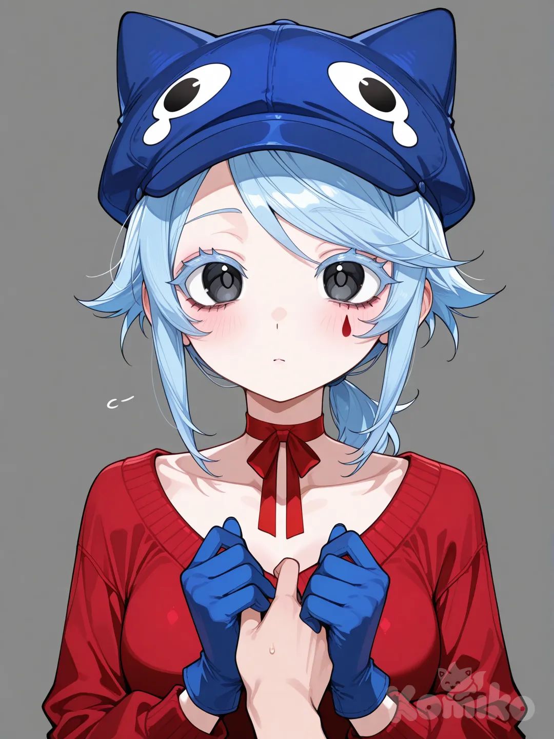 1girl, cappie, blue hair, swept bangs, sidelocks, low ponytail, hair strand, black eyes, colored eyelashes, ribbon choker, red choker, collarbone, teardrop tattoo, tareme, blue gloves, medium breasts, blue hat, cat hat, mascara, red sweater, hands