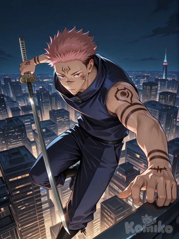 @Ryoumen_Sukuna_(Jujutsu_Kaisen), holding sword, cityscape