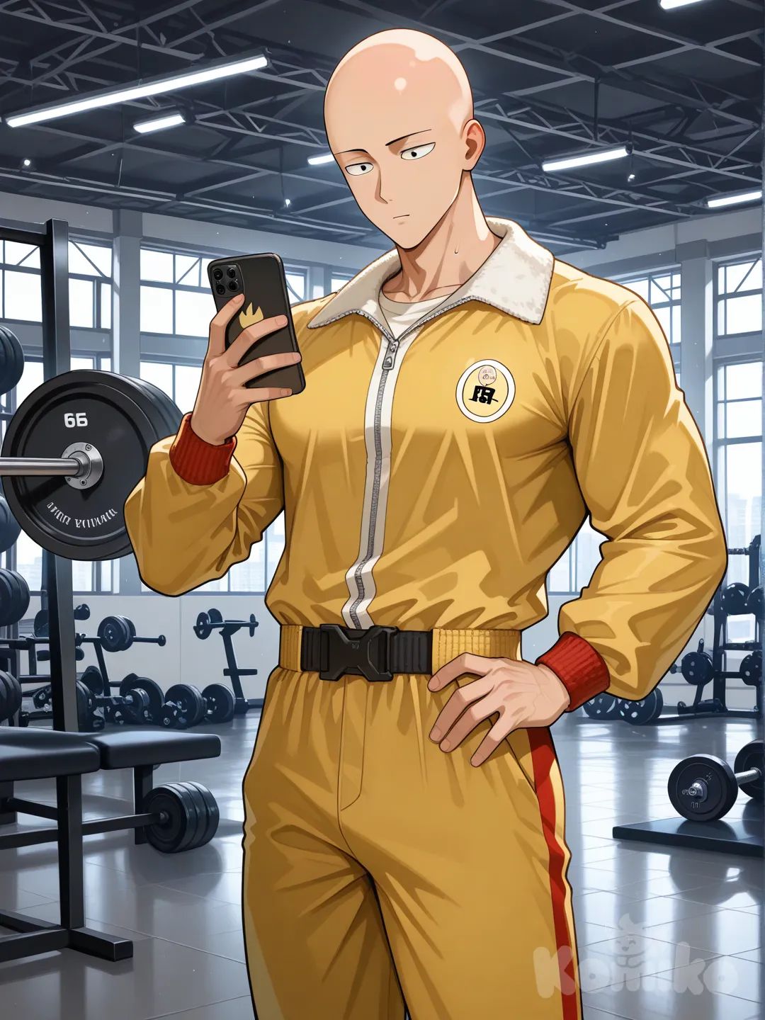 @Saitama_(One-Punch_Man), looking at phone, gym
