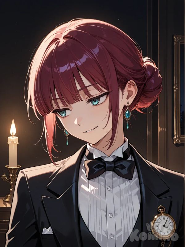 Black butler, 1girl, head tilt, smirk, tuxedo, earrings, mechanical watch, bun, straight bangs, burgundy hair, green-blue eyes, looking away, portrait, night, bedroom, Middle Ages