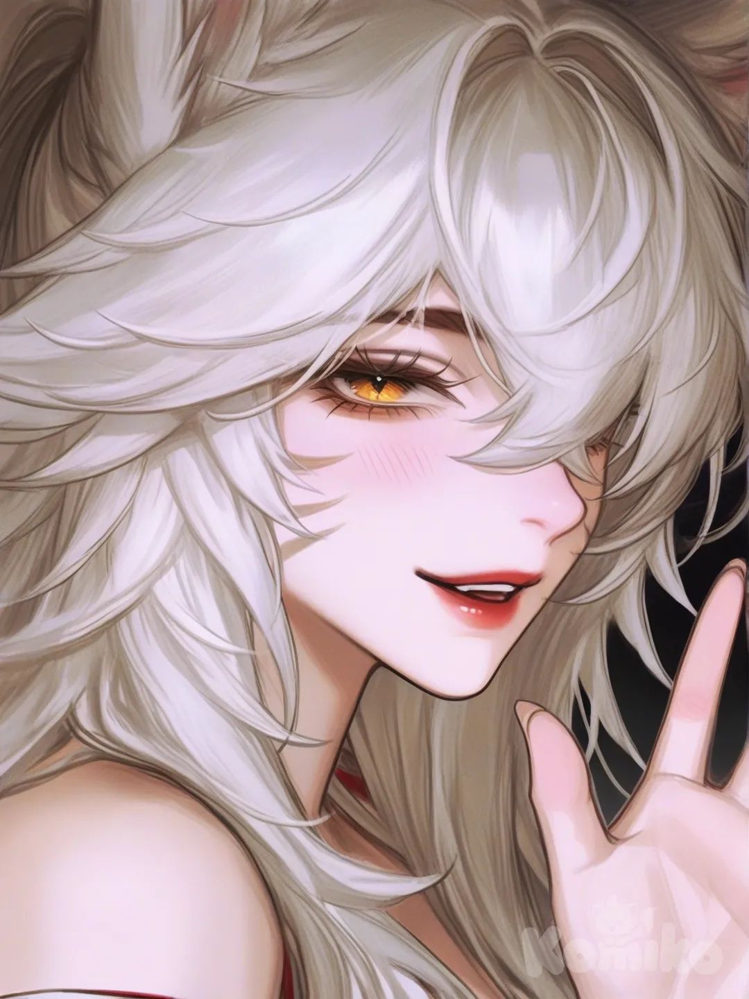 1girl, Ahri (League Of Legends), Jing Yuan, [semi-realistic-portrait-style], waving, side profile photo, headshot, looking at viewer, upper body