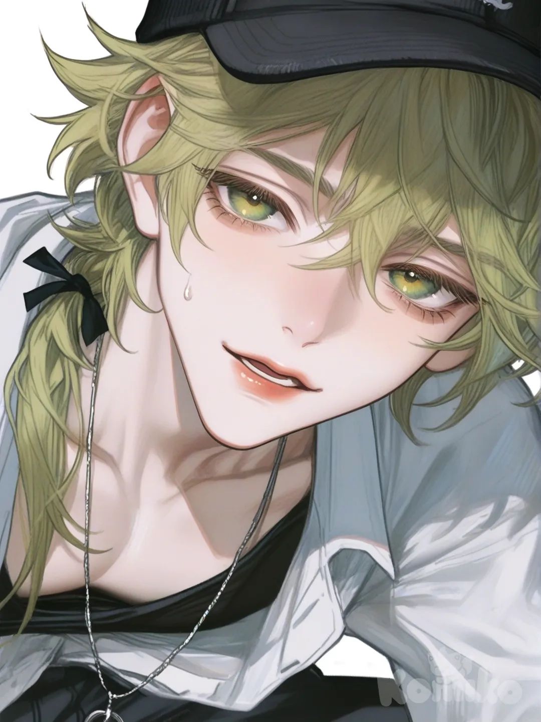 General Overview
Gender: Male
Age appearance: Around early 20s
Build: Slim and tall, with a graceful yet composed posture.
Aura: Serene, intelligent, and introspective — he carries himself with quiet confidence and emotional depth.
Hair
Color: Dark green with a soft, cool undertone that reflects faintly in the dim light.
Style: Long and layered — the front bangs frame his face neatly while the rest flows down his back in thick, slightly wavy strands.
Length: The back portion extends to his mid-back, forming a low ponytail tied near the end.
Texture: Smooth and voluminous, with visible light reflections emphasizing its silky texture.
Face & Expression
Eyes: Pale gray-green with a focused, almost melancholic gaze. The shape is narrow and sharp, emphasizing intelligence and introspection.
Eyebrows: Thin and slightly angled downward toward the center, giving a gentle yet serious expression.
Nose & Mouth: Small, fine features that complement the refined look of his face. His mouth is relaxed, slightly downturned, suggesting calmness or deep thought.
Expression: Serene but alert — he seems to be contemplating something or observing attentively.
Outfit
Shirt: A white long-sleeved collared shirt with a loose fit, casually left unbuttoned at the top, giving him an effortlessly composed style.
Inner layer: A high-neck black undershirt that adds contrast and gives a modern, slightly formal edge.
Pants (partially visible): Likely dark-toned, complementing the top’s contrast.
Accessories: Around his neck hangs a circular, metallic pendant with a turquoise-black outer ring and a black inner disc — it rests prominently on his chest, adding an iconic visual focus.
Hat
Style: A baseball-style cap with a flat brim.
Color: White on top with a black bill, adding a casual but signature touch to his look.
Fit: Worn neatly, with some strands of his green hair spilling out beneath it., [semi-realistic-portrait-style], 1boy