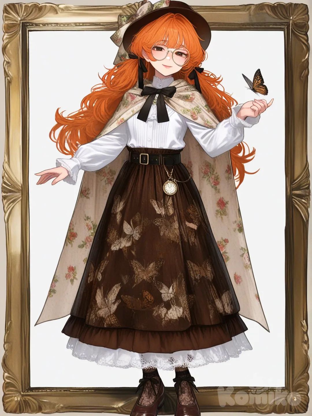 The girl had long, silky orange hair, tied back with a small ribbon, leaving a few strands of hair loose on both sides of her cheeks, highlighting her gentle and intelligent face. She wore a pair of thin, round glasses, adding to her intellectual and graceful appearance. Her light brown eyes exuded a gentle, refined look — like someone always immersed in the world of books and art. She wore a small brown hat with a bow and decorative fabric flowers, tilted slightly to one side, creating a gentle highlight. Her white blouse with a high collar with puffed shoulders and long sleeves that hugged the wrists was decorated with lace and a light brown ribbon bow at the neck, exuding elegance. The hem of the dress has a short, light brown, golden-colored cape with delicate lace trim, making the overall look more classic. The wide black belt hugs the waist to flatter the figure, perfectly matching the cream-colored long skirt with a classic botanical print — on which are images of flowers, butterflies, birds, stamps, postcards, and faint French text. These patterns are like specimen pages in a “botany art” notebook, both ancient and poetic. The hem of the dress has a wavy dark brown hem, accented with metallic butterfly motifs and a golden zigzag border, making the dress both soft and visually deep. She wears thin black lace-patterned stockings and light brown low-cut leather shoes with small button motifs — gentle but meticulous to every detail., [semi-realistic-portrait-style]